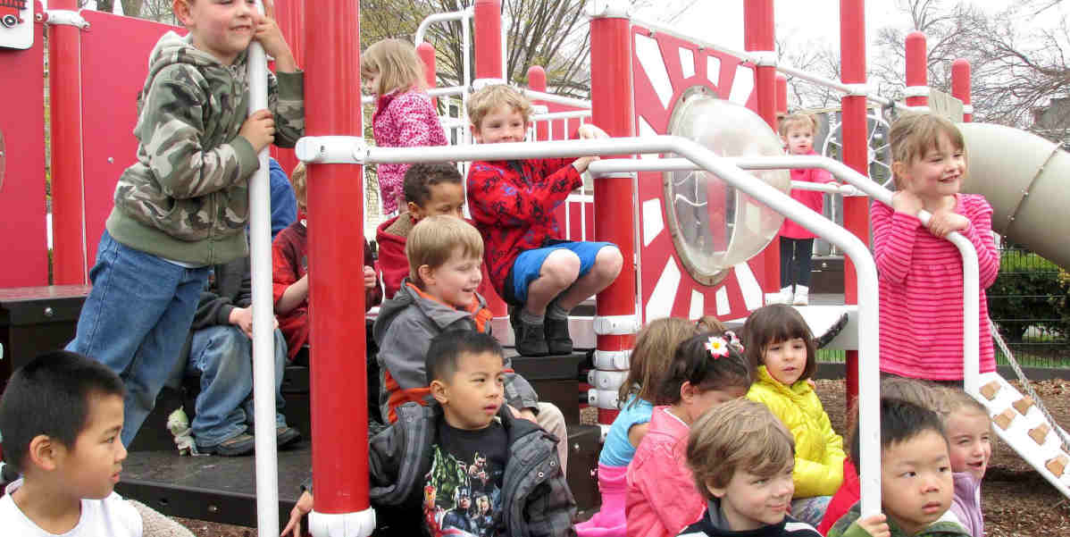Parkside Preschool of Newton, MA students at play in school playground